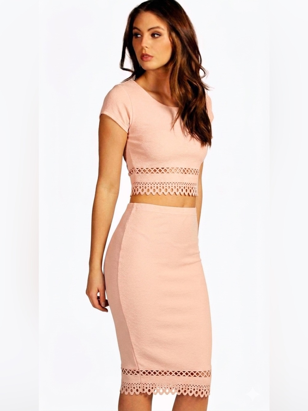 Boohoo Beatrix Cut Work Midi Skirt & Crop Top Co-Ord Set | Blush